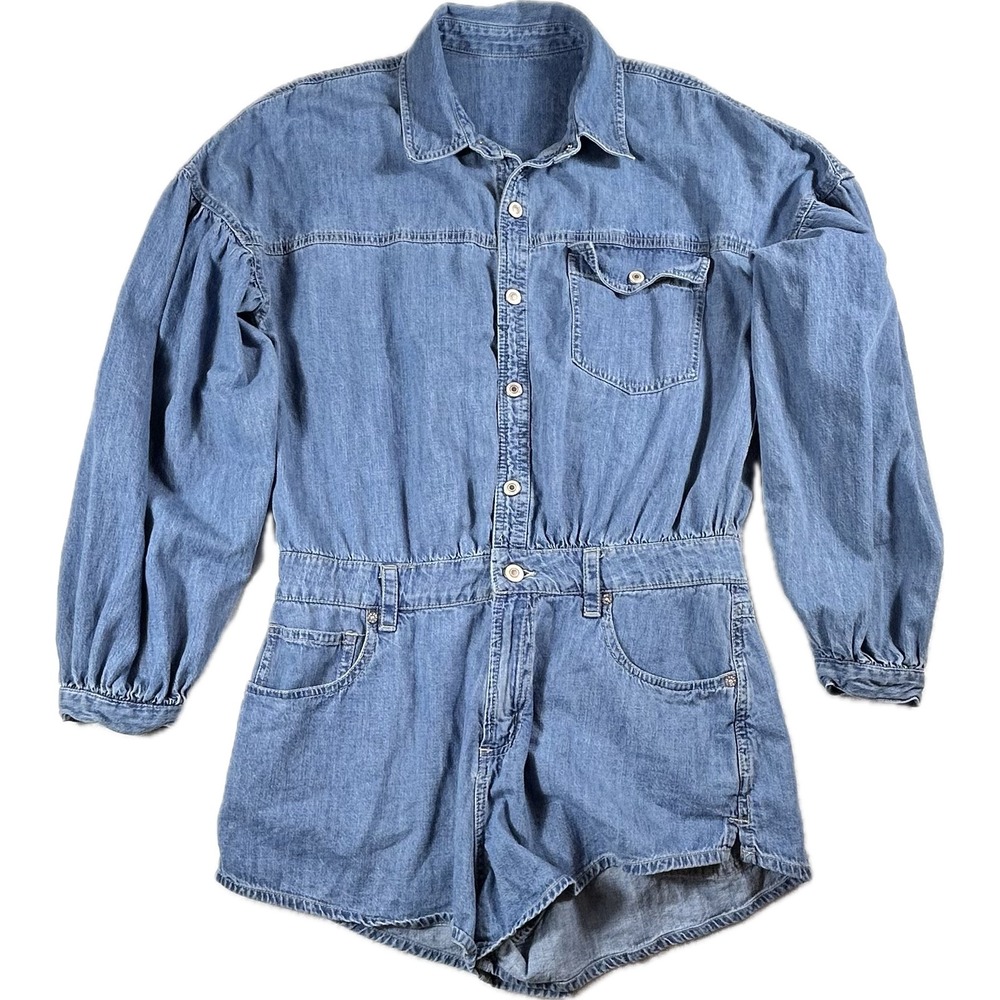 Free People We The Free Denim Romper Women's S Blue Long Sleeve Puff Sleeve